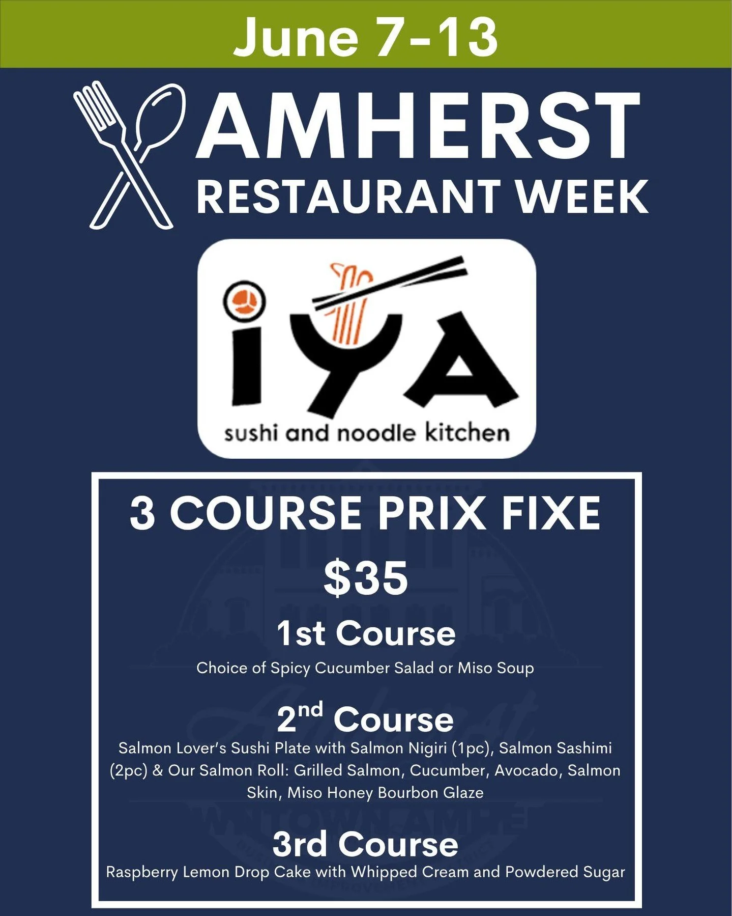 Celebrate Amherst Restaurant Week at IYA Sushi in Amherst! 🍣
Join us June 7th&ndash;13th and enjoy a special 3-course prix fixe menu for $35, featuring fresh flavors and sushi crafted with care.

✨ Choice of Spicy Cucumber Salad or Miso Soup
✨ Salmo
