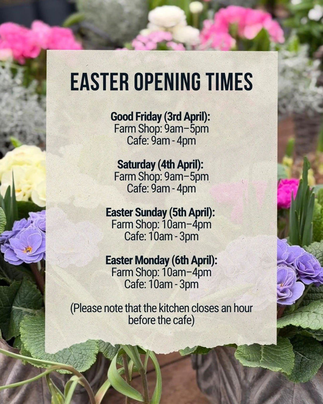 Easter Weekend Opening Hours🐣🐰

Good Friday (3rd April): 
🚜Farm Shop: 9am&ndash;5pm
☕Cafe: 9am - 4pm

Saturday (4th April): 
🚜Farm Shop: 9am&ndash;5pm
☕Cafe: 9am - 4pm

Easter Sunday (5th April): 
🚜Farm Shop: 10am&ndash;4pm
☕Cafe: 10am - 3pm

Ea