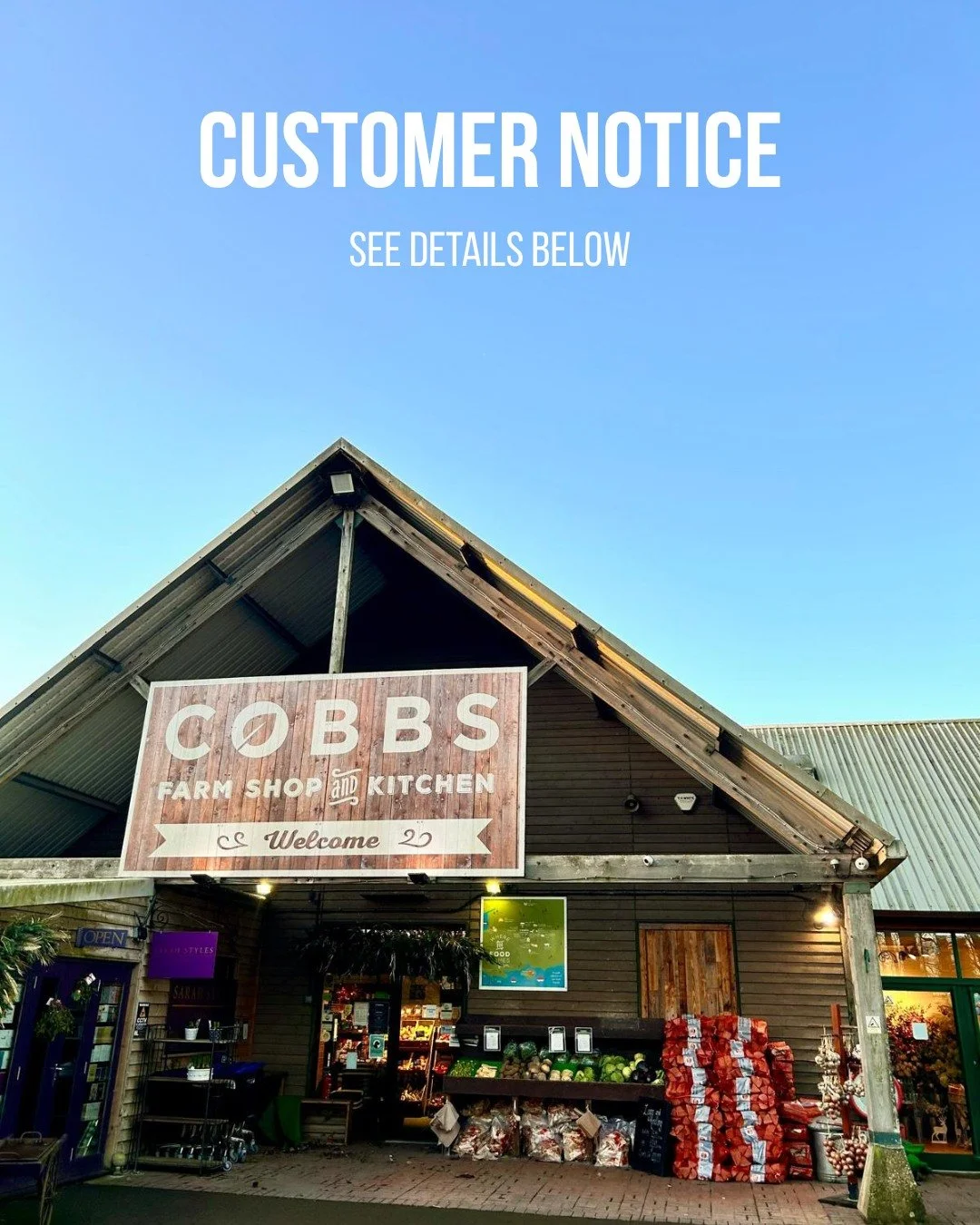 Customer Notice - Early Closure Reminder⚠️

We&rsquo;re off to the races for our annual Cobbs team party, so there is a slight change to our opening times on Thursday 23rd July🏇🏻

📍Englefield and Hungerford:
Cafe: 9am - 3:30pm (Kitchen service fin