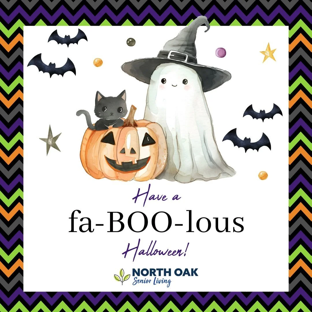 Our ghosts are friendly, our pumpkins are glowing, and our residents are all treats, no tricks! 🎃👻
.
Have a fab-BOO-lous Halloween from all of us at North Oak Senior Living!
.
#AssistedLiving #SeniorLiving #HappyHalloween