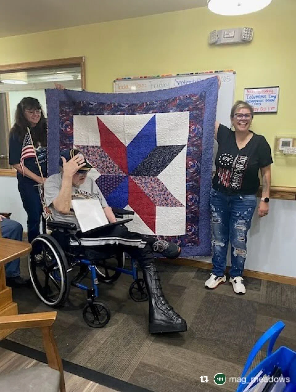 Repost from @mag_meadows
&bull;
We are proud to celebrate and honor one of our residents who was bestowed the Quilt of Valor - a symbol of comfort, healing, and gratitude for the courage and sacrifice shown in service to our country. 🇺🇸
.
.
.
#Assi