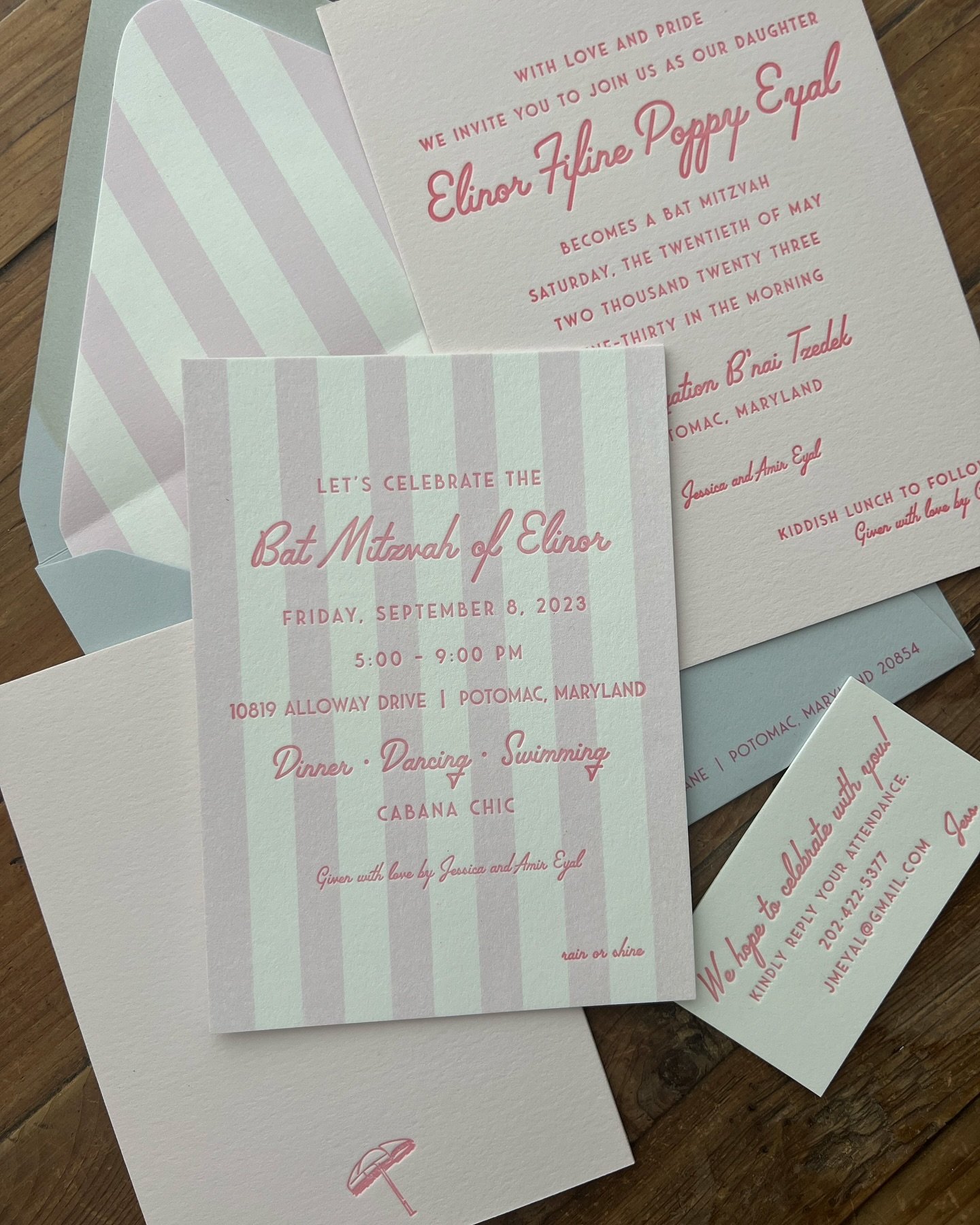 I have worked with Jess for (2) of her children&rsquo;s Bar/Bat Mitzvahs&hellip; and her daughter&rsquo;s was one for the books! A little digital printing, lots of letterpress + the perfect shades of pink throughout. The tiny pressed umbrellas were a