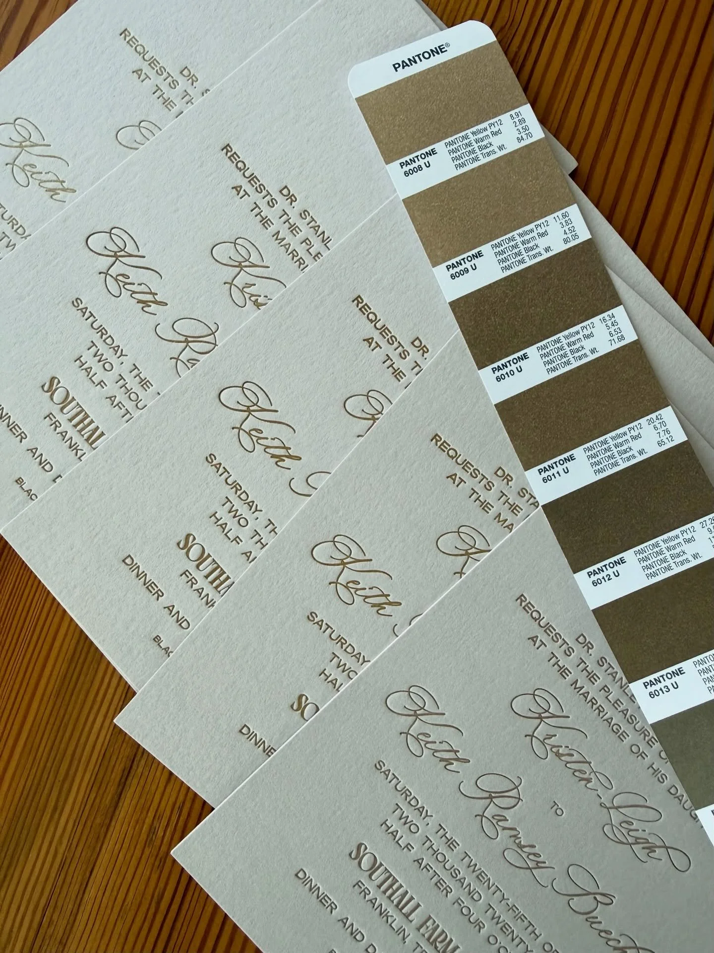 It may be hard to tell from this photo, but it took several ink adjustments to get the perfect shade of brown for these recent invitations.  This included several press cleanings and ink ups.
.
.
Ink mixing is another example of this craft and the ti