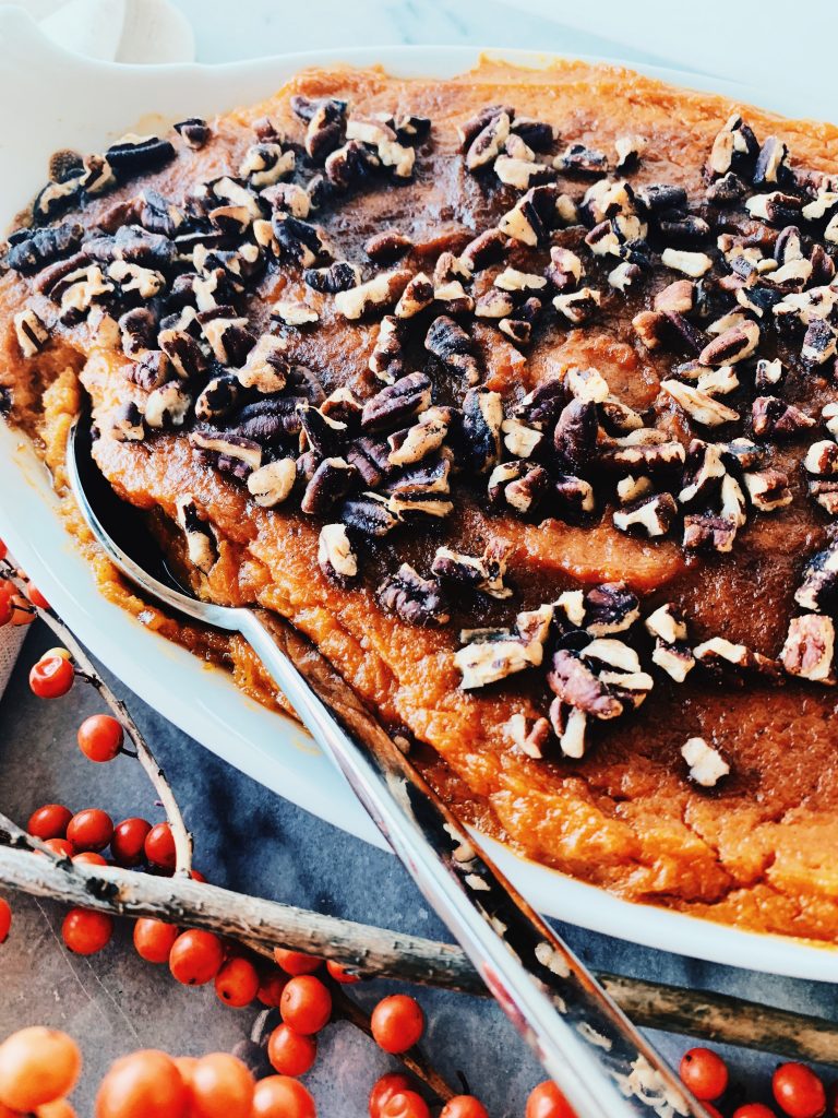 Dig into this easy, healthy sweet potato casserole. This classic holiday recipe comes with a twist: it was made from Trader Joe's frozen mashed sweet potatoes. Click through to find out how!