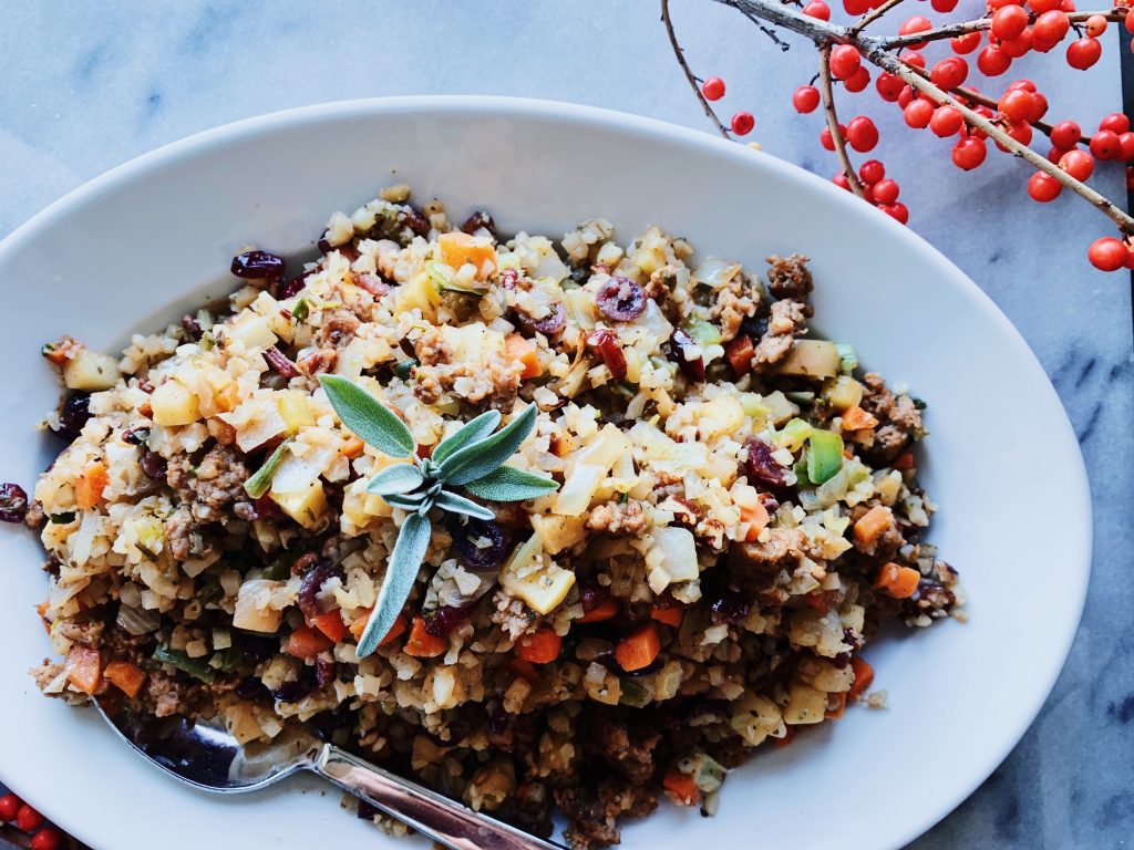 Trader Joes Riced Cauliflower Stuffing - the perfect Thansgiving hack! Click to learn how I used it to make gluten-free stuffing recipe!