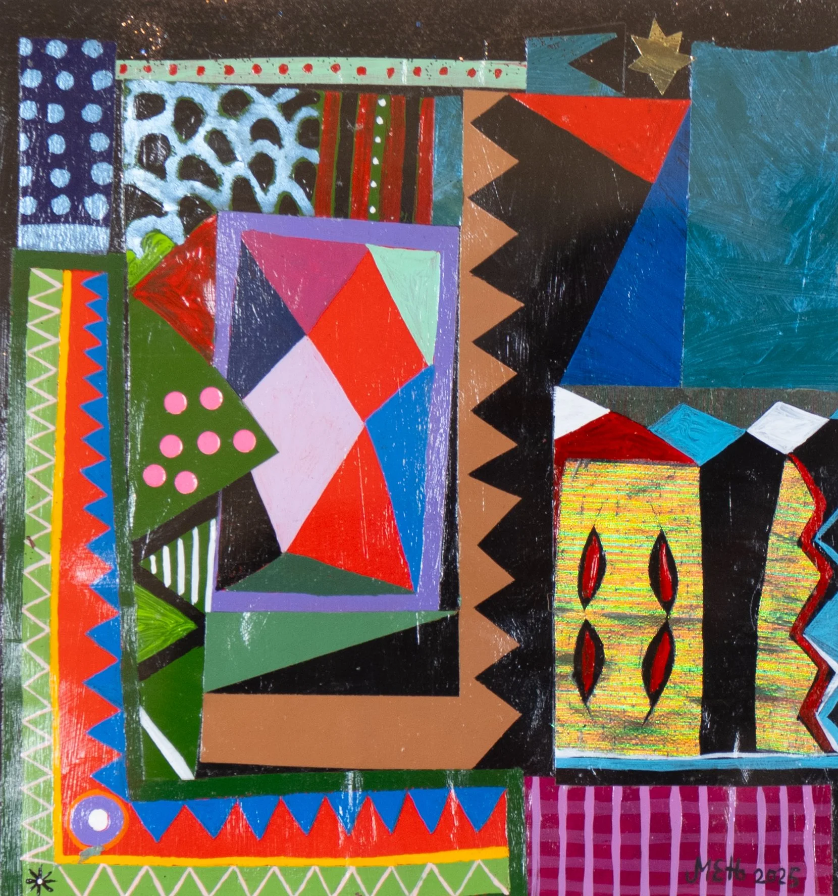 MarkHoward_Composition 77acrylic, enamel + found paper_16"x15"_2025_1.jpg