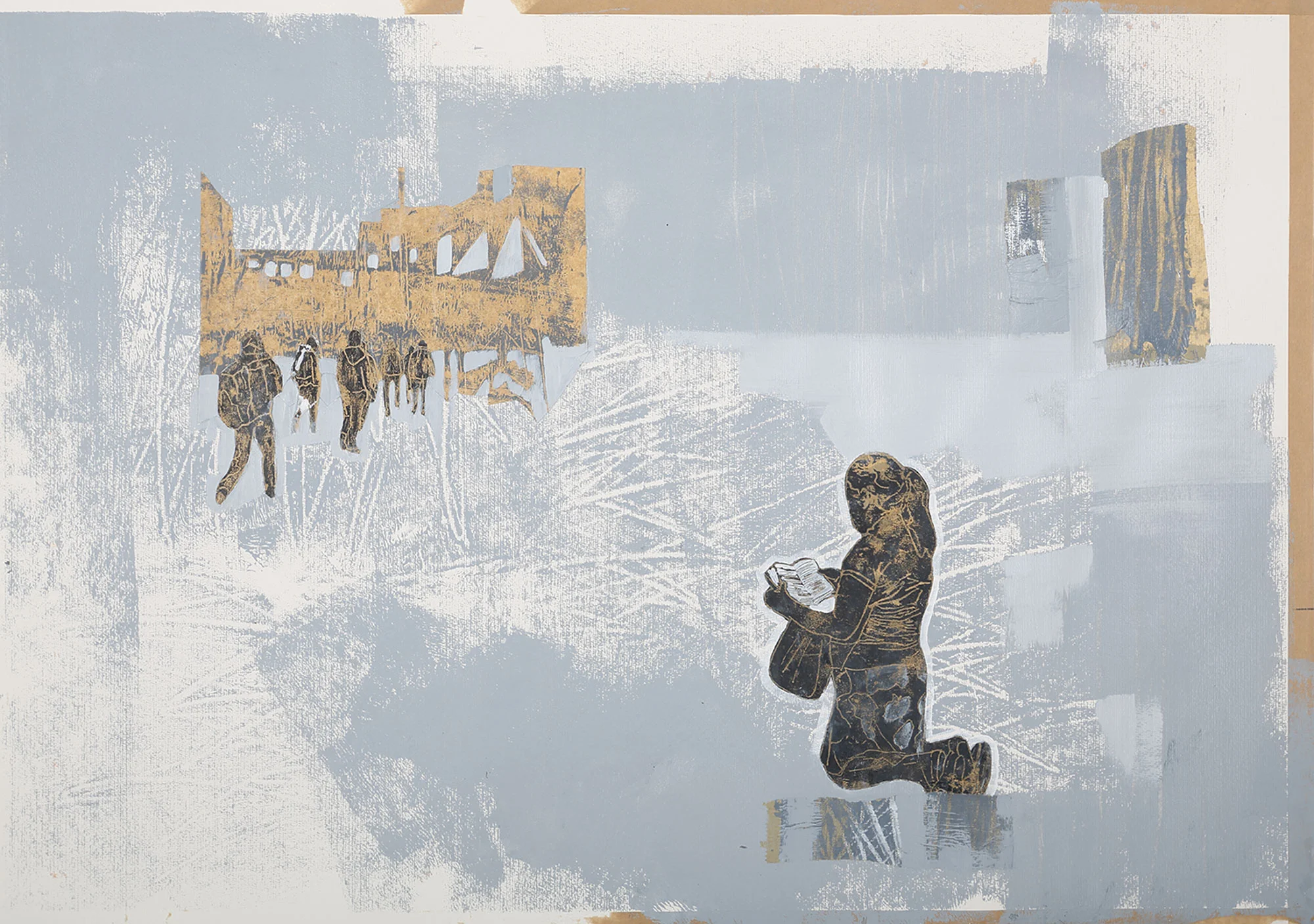 Untitled, 2018, image 70 x 100cm, Acrylic and Baking Paper on Hahnemühle Britannia Rough 300gsm paper, float mounted on archival board in a box white frame with high quality anti-glare glass (70% UV protection). From ‘ The Dividing Line ’ series, exhibited at The Suter Art Gallery, New Zealand, 2019