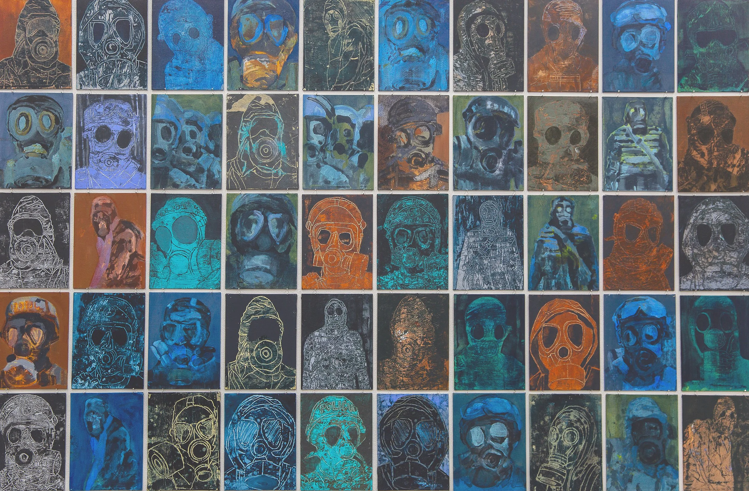 Faceless, protest masks, contemporary painting