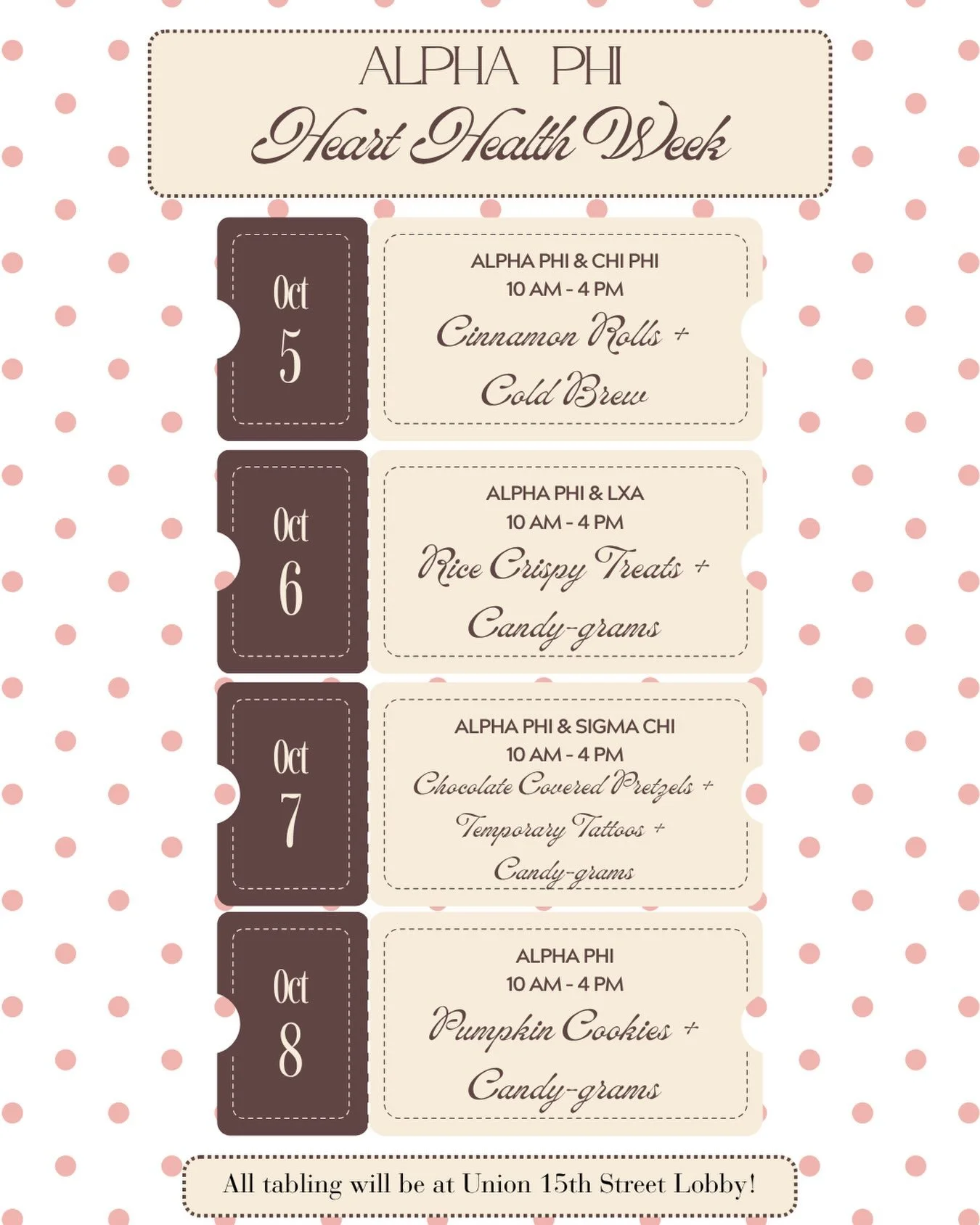 Get ready for Alpha Phi&rsquo;s Heart Health Week! 💕 Join us all week long outside Sage Dining Hall from 10 AM to 4 PM for fall treats and fun activities to support the Alpha Phi Foundation and women&rsquo;s heart health!

☕ Monday, October 5th: Cin