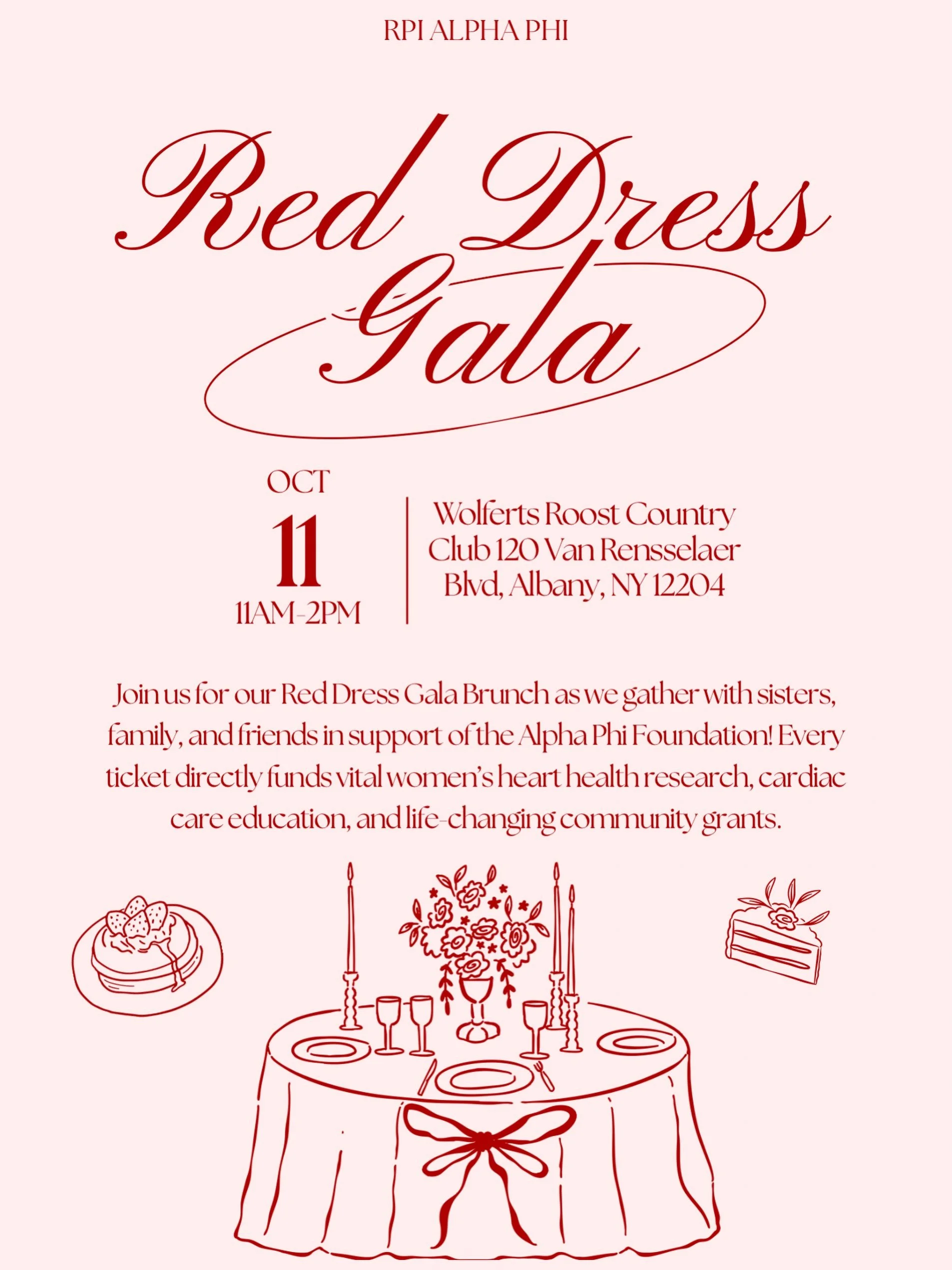 Alpha Phi warmly invites you to our Red Dress Gala brunch! 🫖 We are so excited to welcome friends, family, and alumnae to join the sisters of the Theta Tau chapter for a wonderful morning filled with great food, bingo, and incredible raffles.

All p