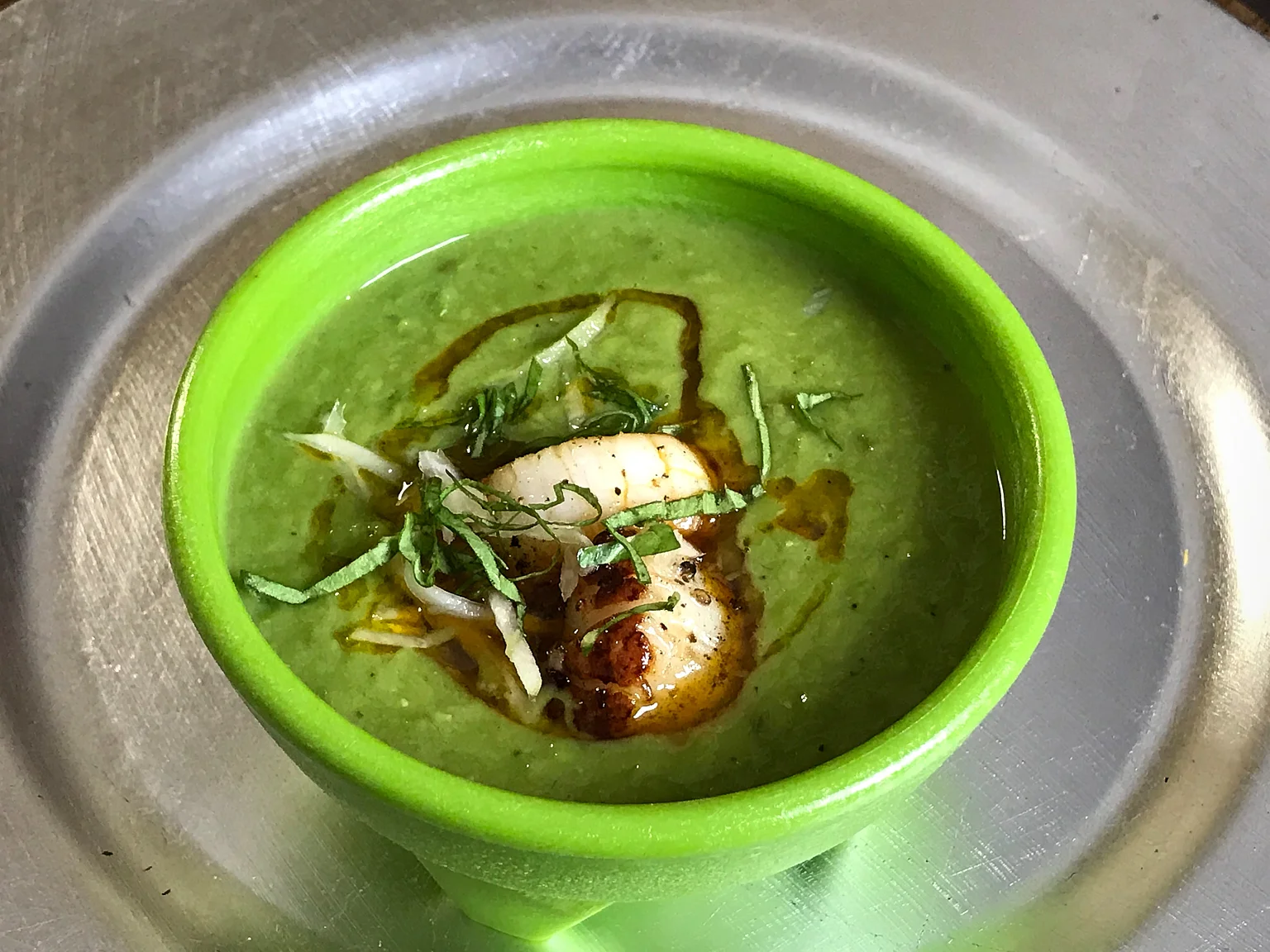 Warm English Pea Soup with Seared Scallop