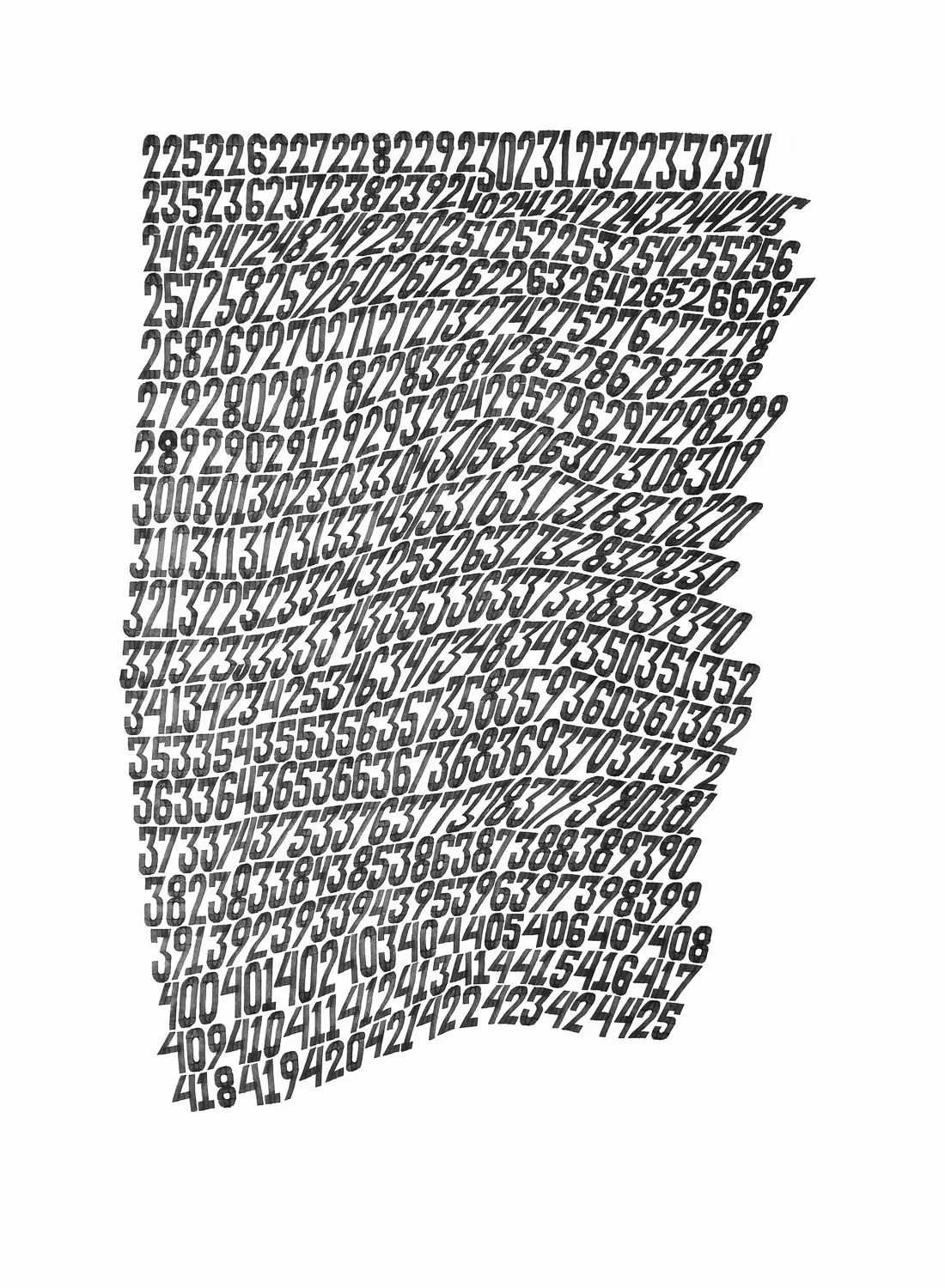 Numbers 225 to 425 , 2017 ink on 140 lb cold press watercolor paper 30 x 22 in (76.2 x 55.9 cm)