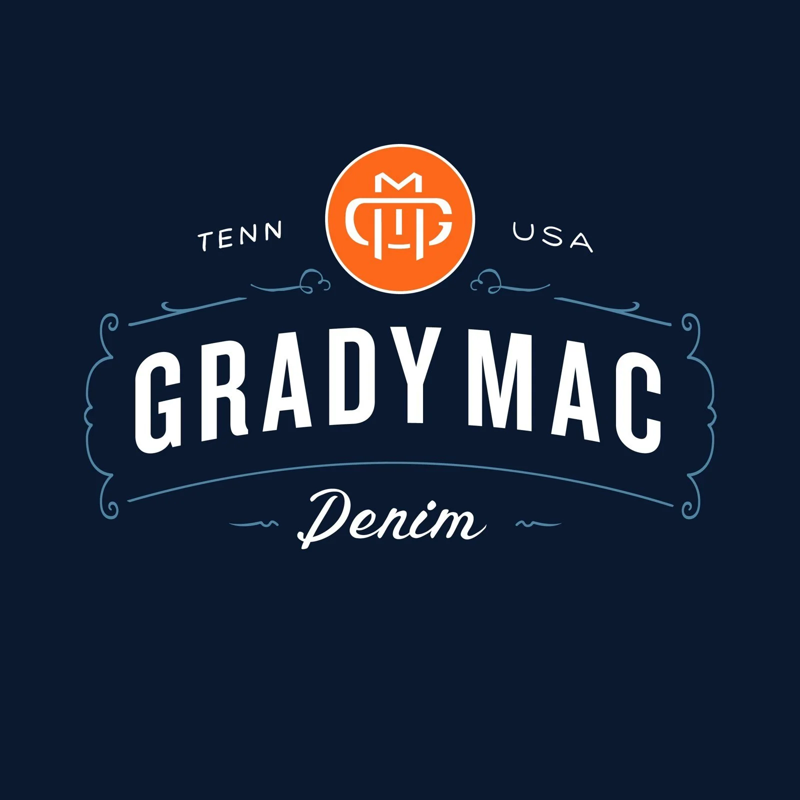Grady Mac Denim logo: Tennessee monogram badge and script