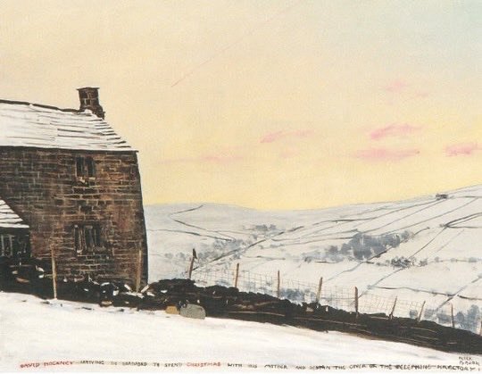 Sad to hear the passing of David Hockney. Here is a painting by Peter Brook with a nod to his fellow Yorkshire-born artist 🎨

&lsquo;David Hockney Arriving in Bradford to Spend Christmas with his Mother and Design the Cover of the Telephone Director