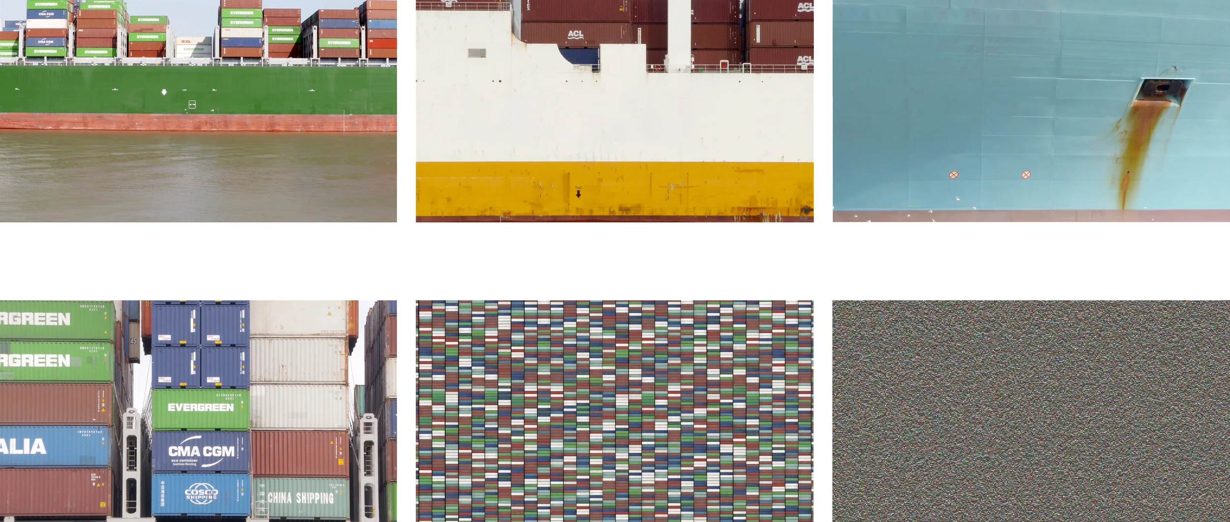 TEU, single-channel video projection, 10:30 min., 2018 (video stills) In TEU (twenty-foot equivalent unit), container ships cross the frame slowly and at short intervals while the camera constantly zooms into the scene, first focusing on a ship’s exterior body and then narrowing in on the freight. Eventually the camera zooms out resulting in the stacks of the standardized shipping units being multiplied and the image falling apart into the smallest visual entity, the pixel. The video uses digital and physical standardized formats as building blocks to develop it’s own spatio-temporal logic and propose a new image of global trades’ “materialized abstraction”.