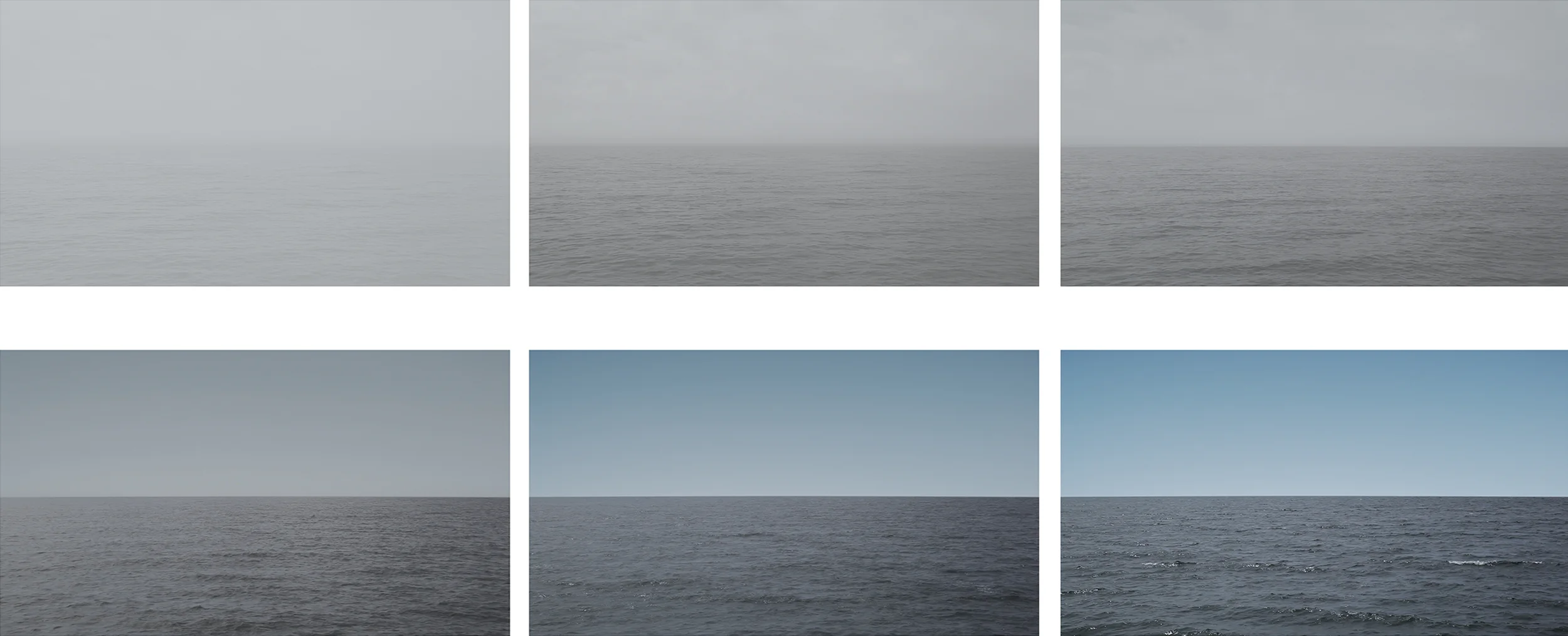 Horizonzoom, single-channel video projection, 2:30 min., 2013 (video stills) The video shows a seemingly endless zoom out of the fog towards the horizon across the sea and then back into the fog. It simulates forward motion through a series of camera zooms across a seascape without distinct landmarks leaving the viewer without a sense of distance.