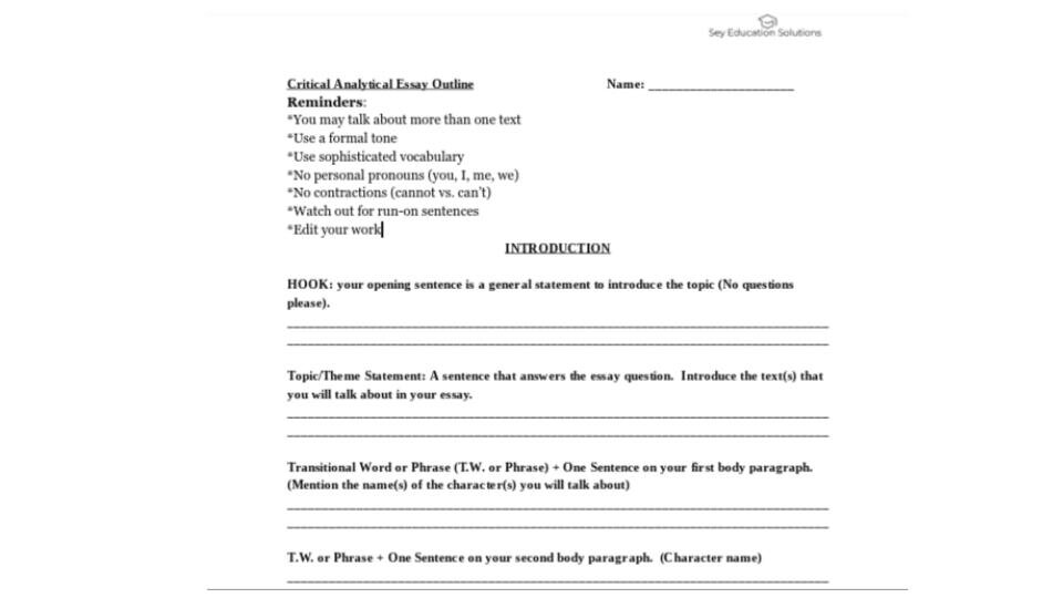 Critical Analytical Essay Outline (High School Essay Template)