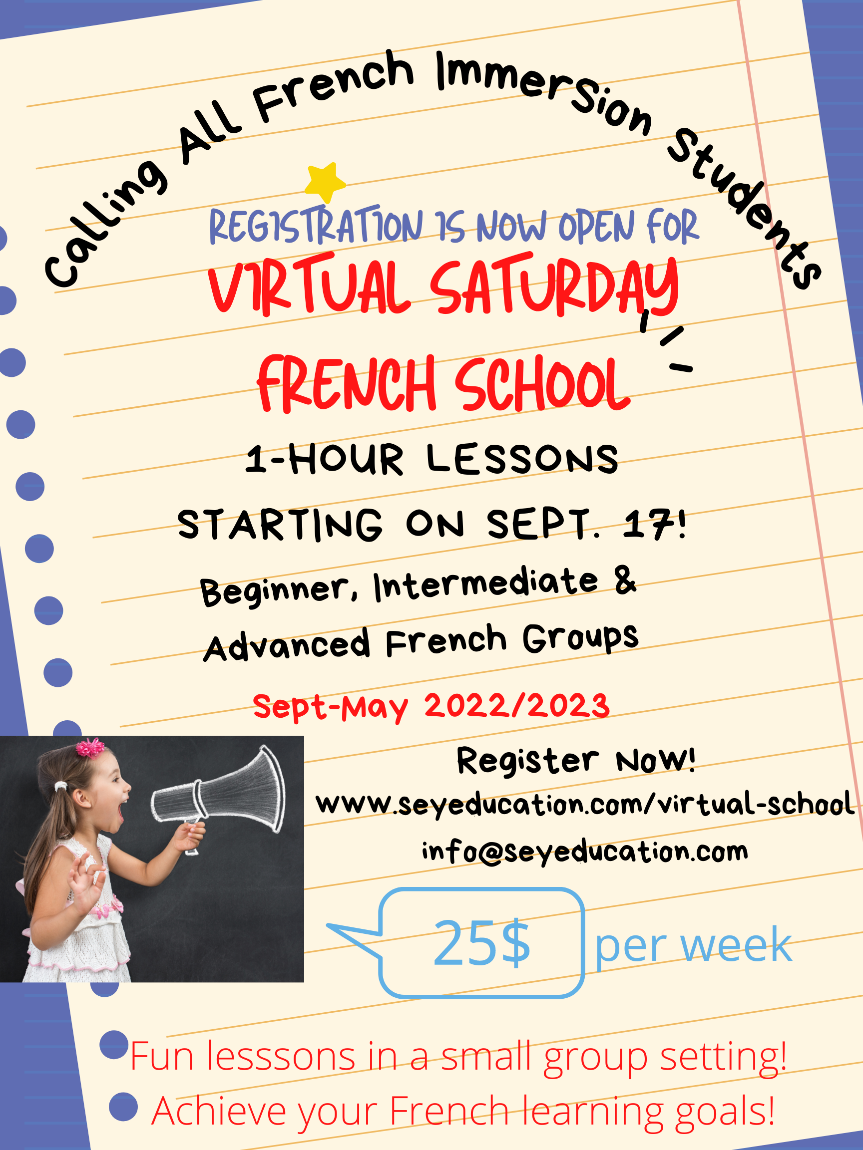 French Immersion Tutoring Grades 1-6 (Virtual Saturday French School 2022 / 2023)