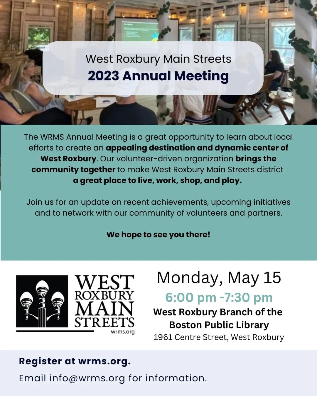 We're less than a week away from our 2023 Annual Meeting! Register to attend (link in bio).

Monday, 5/15 from 6-7:30pm at the West Roxbury brach library.