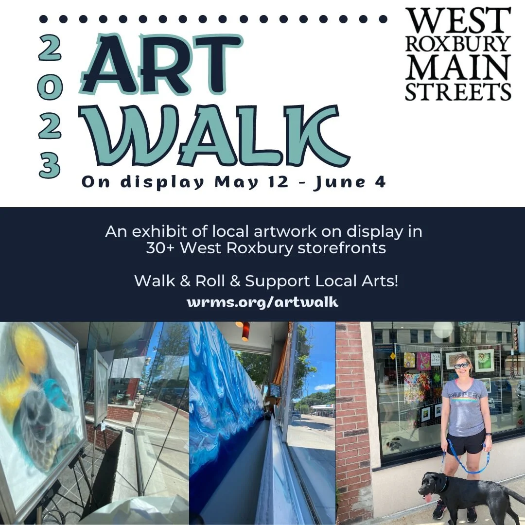 We're excited to bring back the West Roxbury Main Streets Art Walk for its second year! 

Visit wrms.org/artwalk for a list of participating businesses and artists. Starts this weekend! 

#westroxburyartwalk #westroxbury #bostonart #westroxburymainst