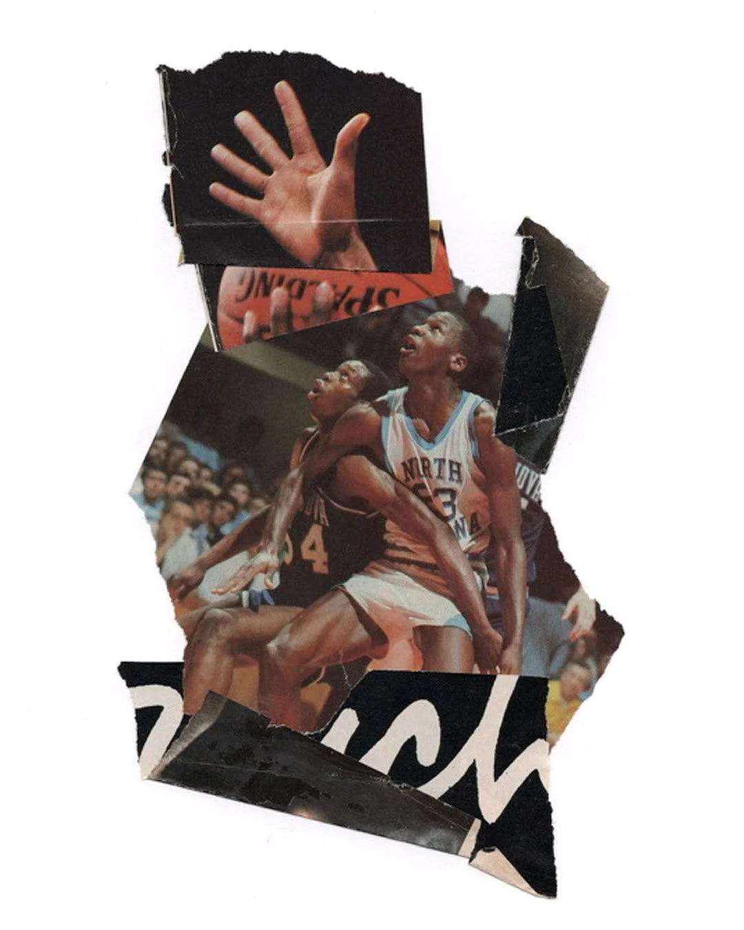 Collage of torn sports photographs, including college basketball players in North Carolina jerseys, layered over fragments of Spalding advertising.