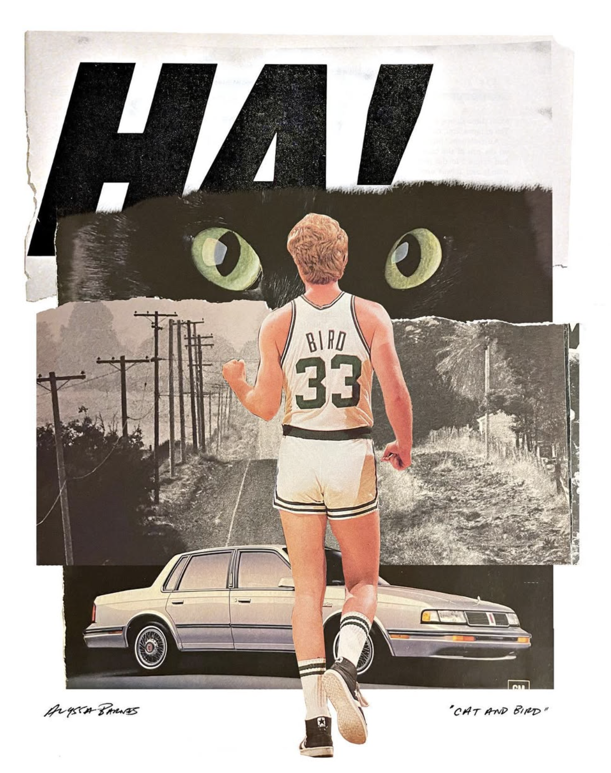 Collage titled "Cat and Bird" by Alyssa Barnes: Larry Bird in a number 33 jersey running past a sedan, beneath a pair of cat's eyes.