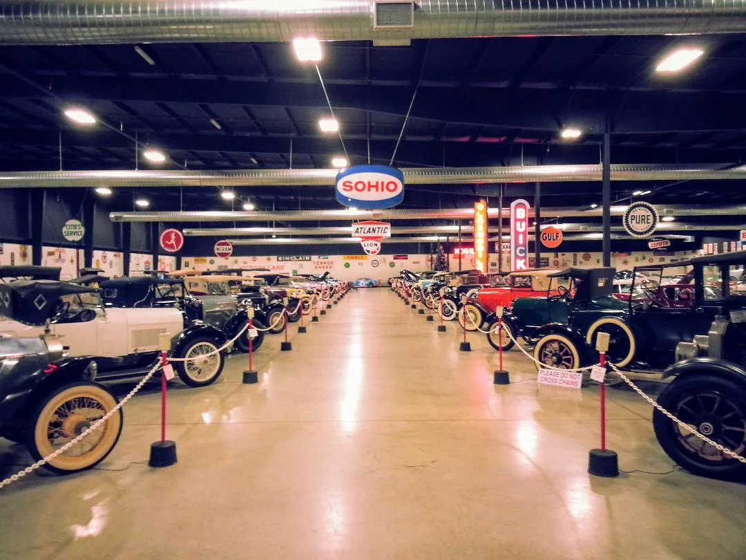 Wide view capturing just a third of the total Tupelo Automobile Museum collection