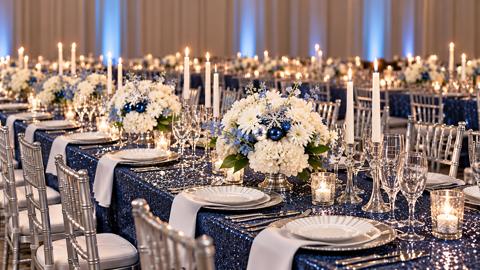Mood board for a winter wonderland holiday party theme with flowers deigned by Belli Fiori in St. Louis.