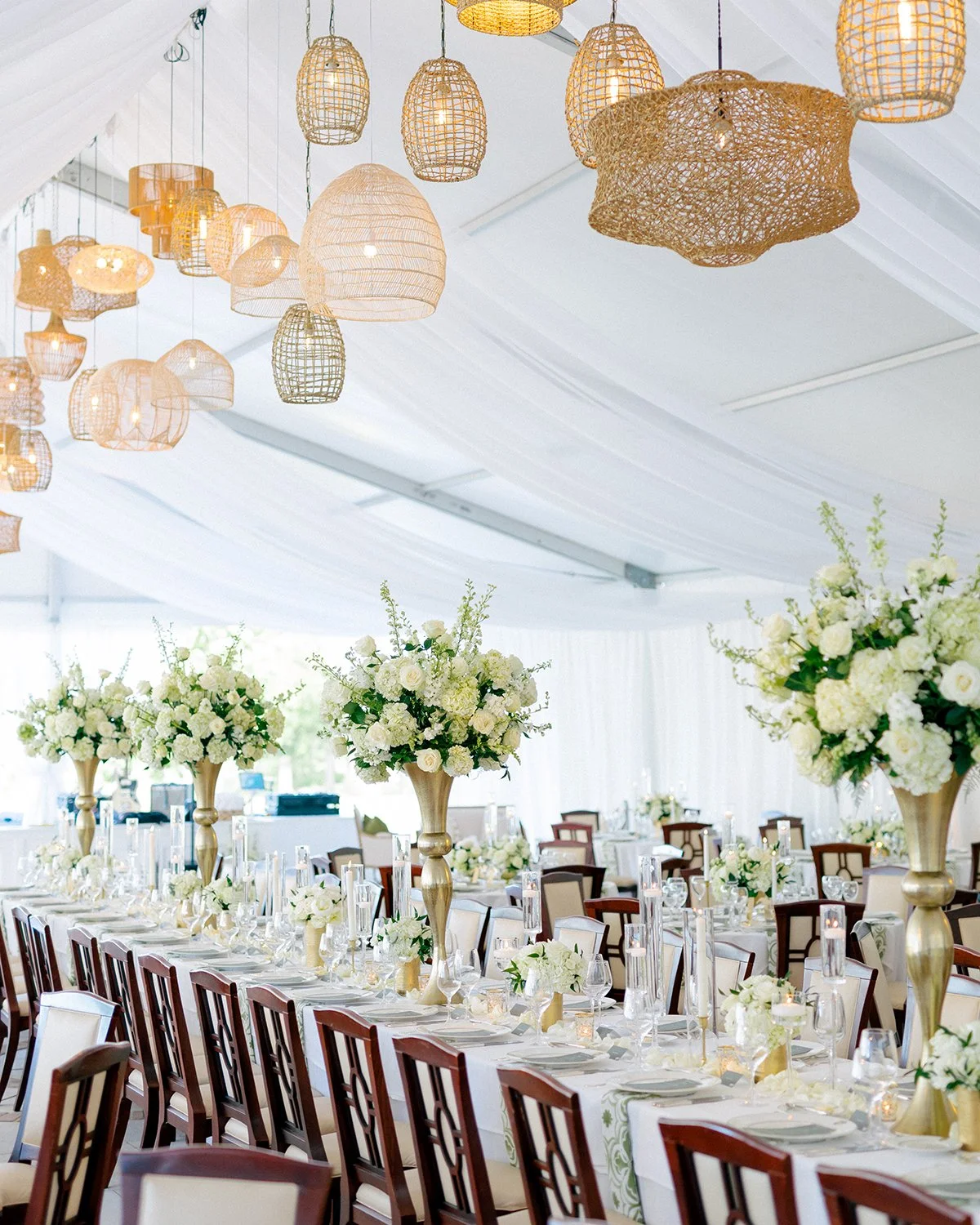 xGreen and white garden tent wedding at Old Warsaw country Club with wedding flowers designed by Belli Fiori.