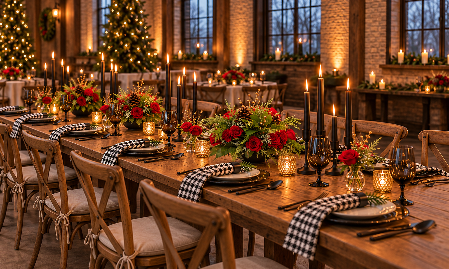 Rustic holiday party tablescape with flowers deigned by Belli Fiori in St. Louis.