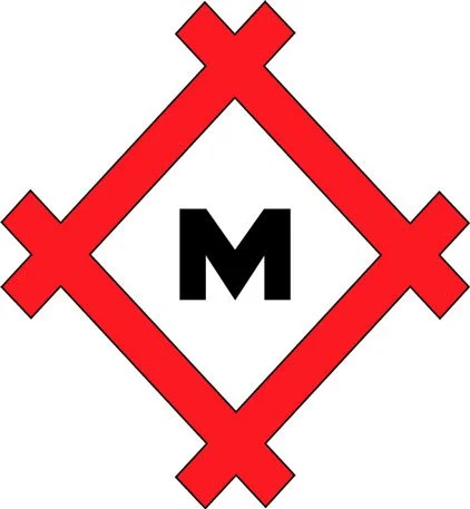 Logo with a red geometric border and a black letter 'M' in the center.