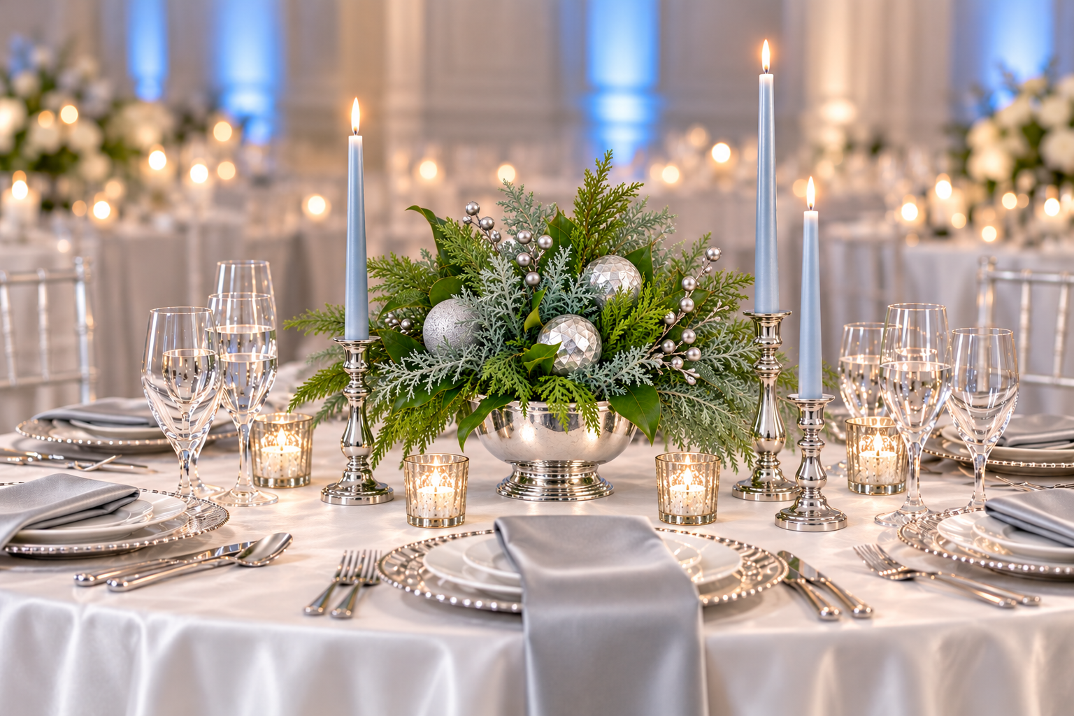 Mood board for a winter wonderland holiday party theme with flowers deigned by Belli Fiori in St. Louis.