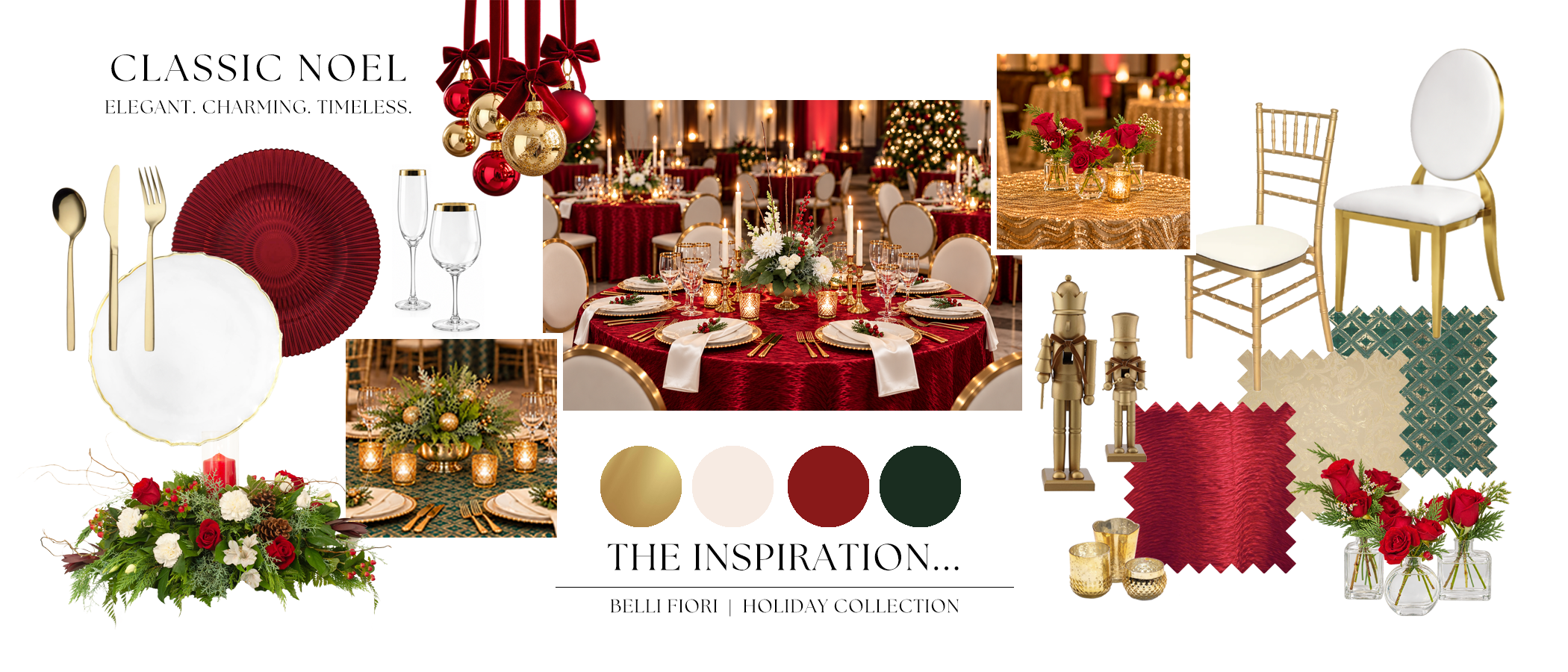 Mood board for a classic holiday party theme in red and gold with flowers deigned by Belli Fiori in St. Louis.