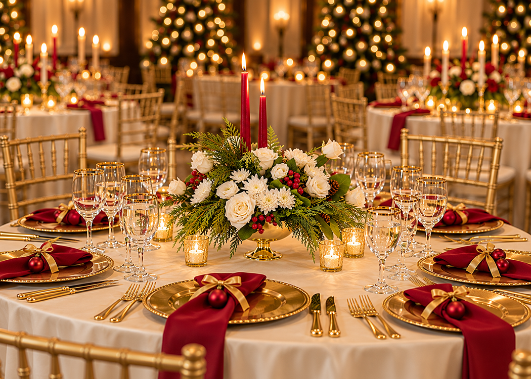 Mood board for a classic holiday party theme in red and gold with flowers deigned by Belli Fiori in St. Louis.