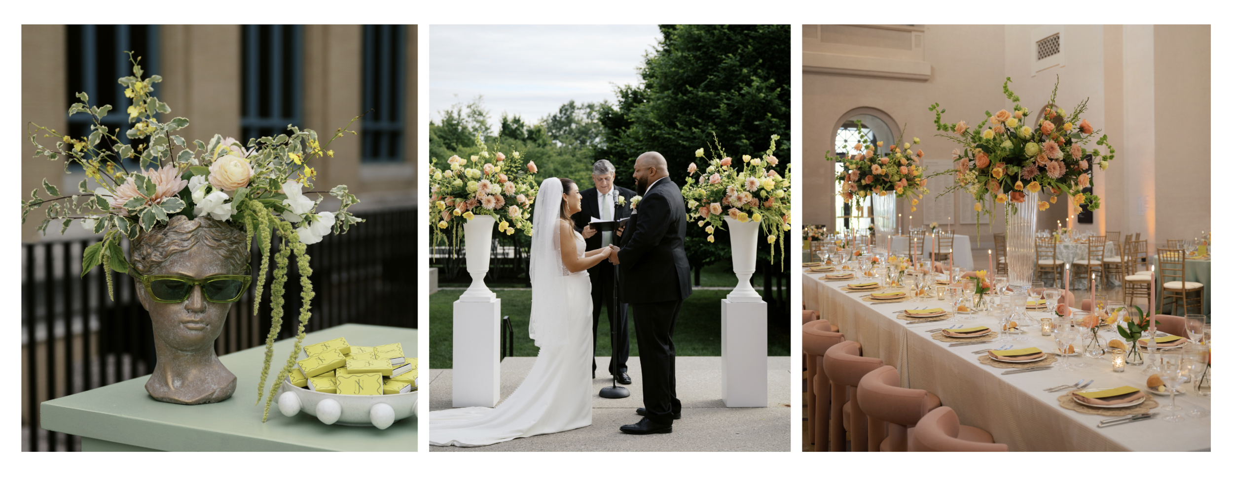 A recap of images from a wedding at the St. Louis Art Museum with flowers designed by Belli Fiori.