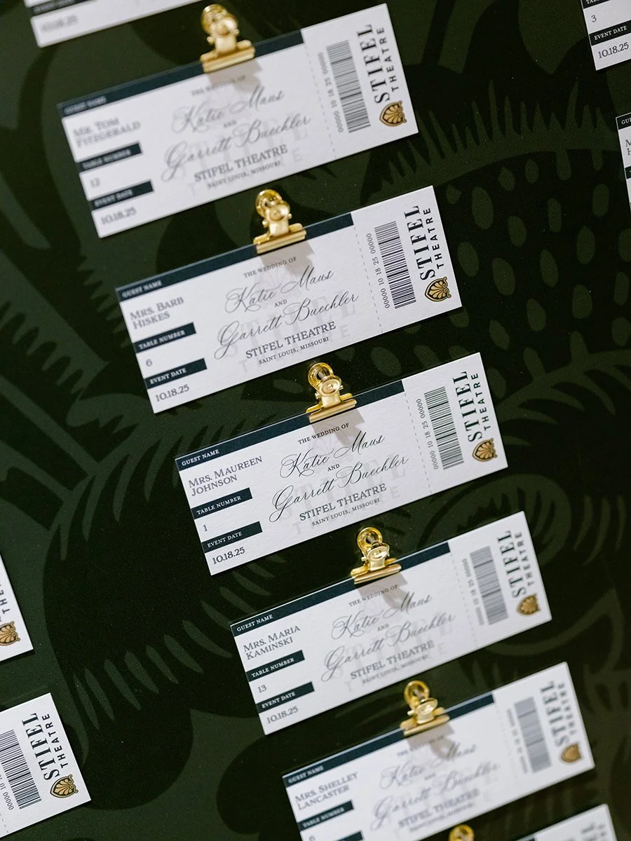 Theater tickets used as an escort display for a wedding in St. Louis.