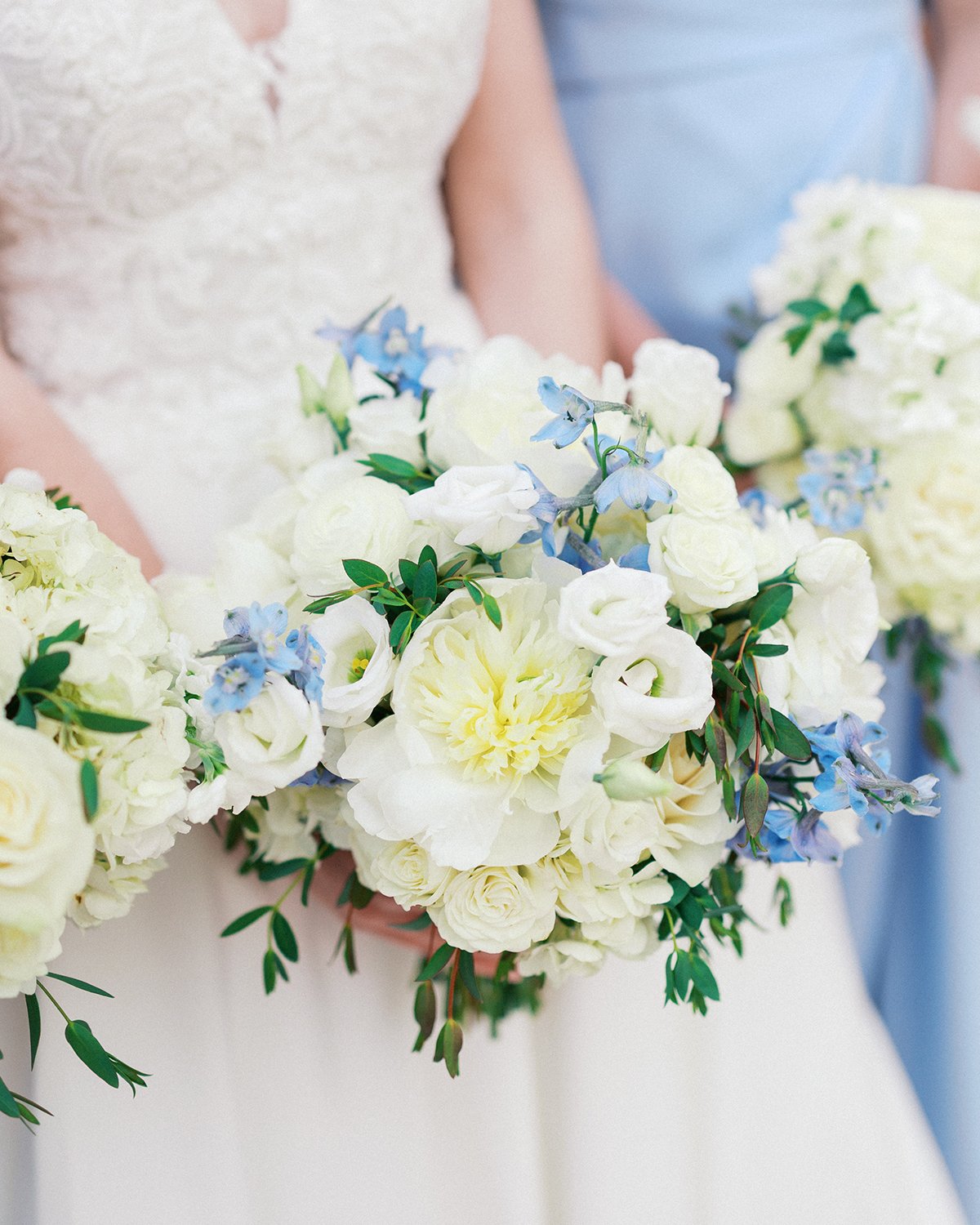 Blue and white garden style bridal bouquet designed by Belli Fiori in St. Louis.