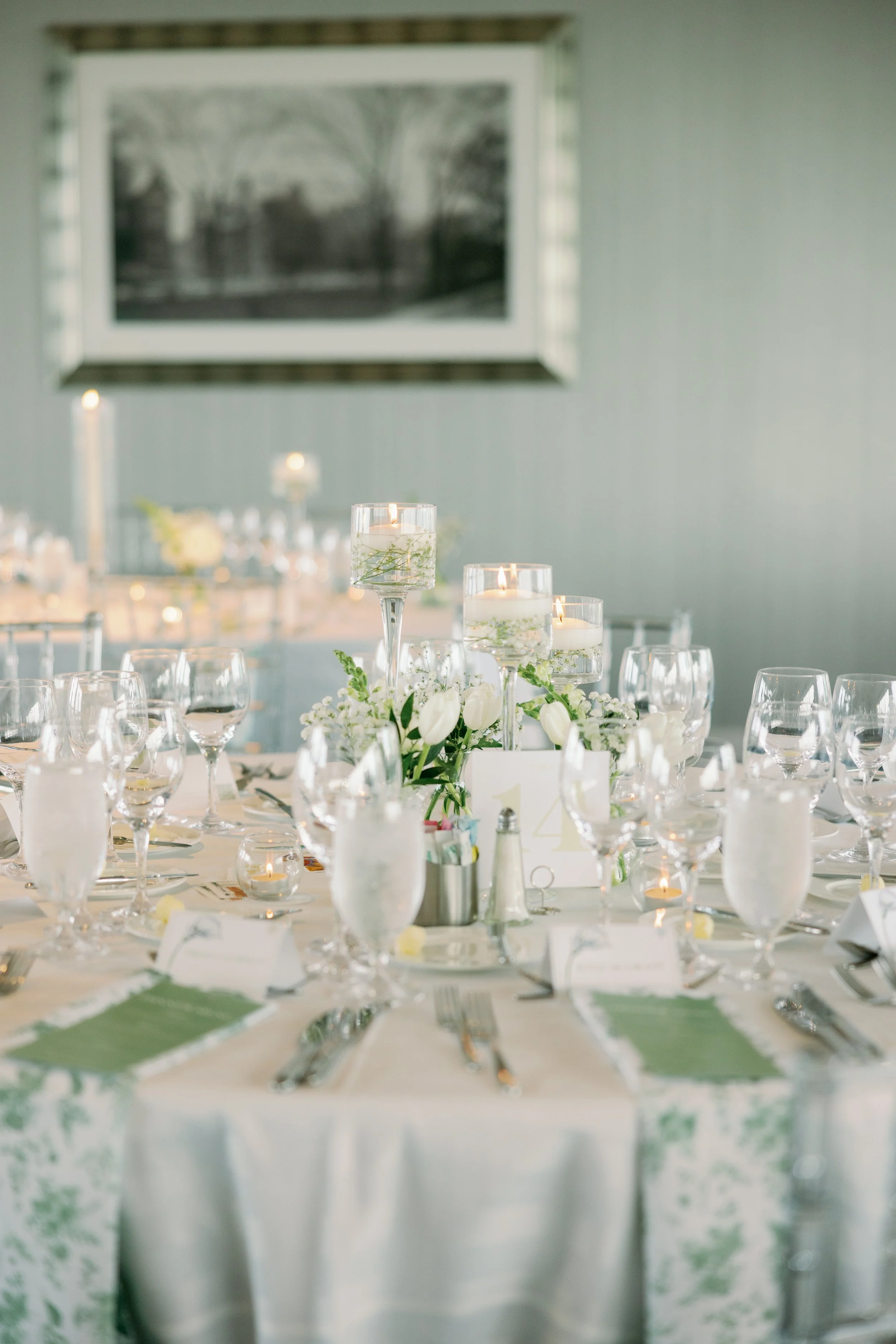 Chase Park Plaza Wedding Reception Candles with Light Green Accent