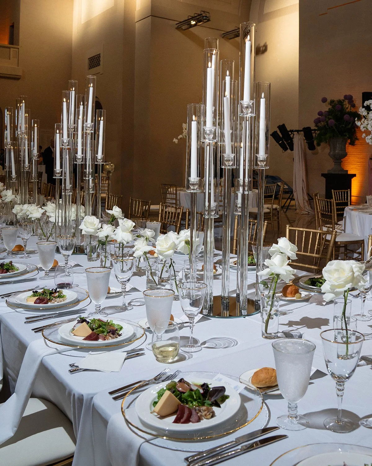 Tall Wedding centerpiece designed by Belli Fiori at the St. Louis Art Museum.