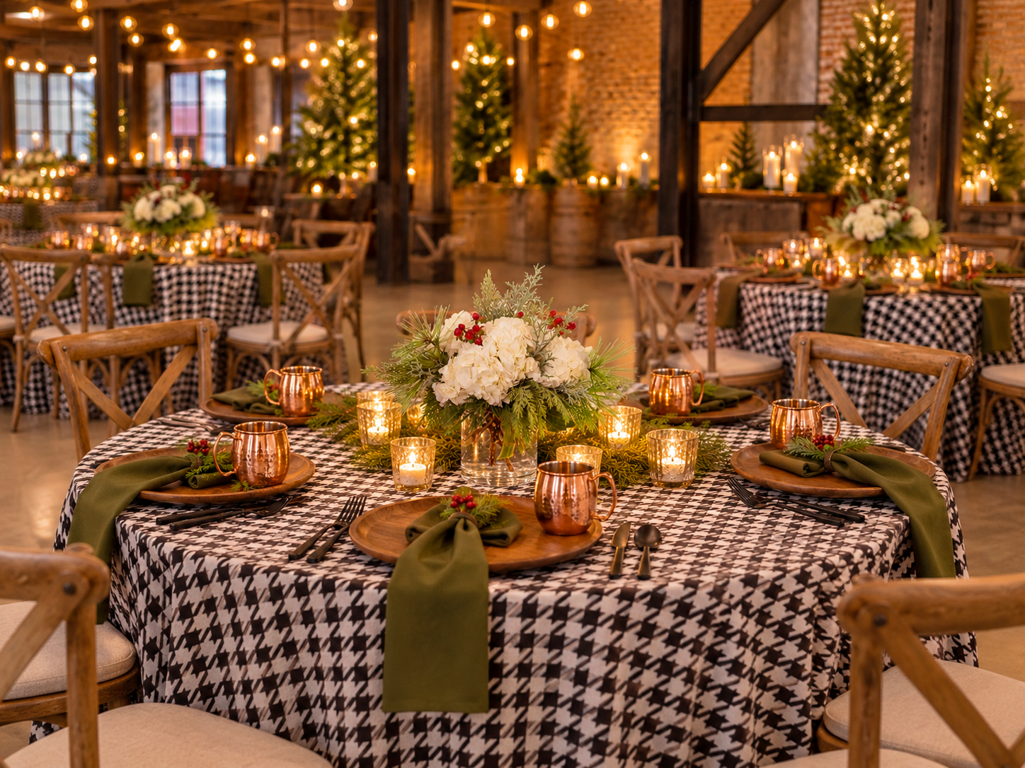 Mood board for a fireside retreat holiday party theme with flowers deigned by Belli Fiori in St. Louis.