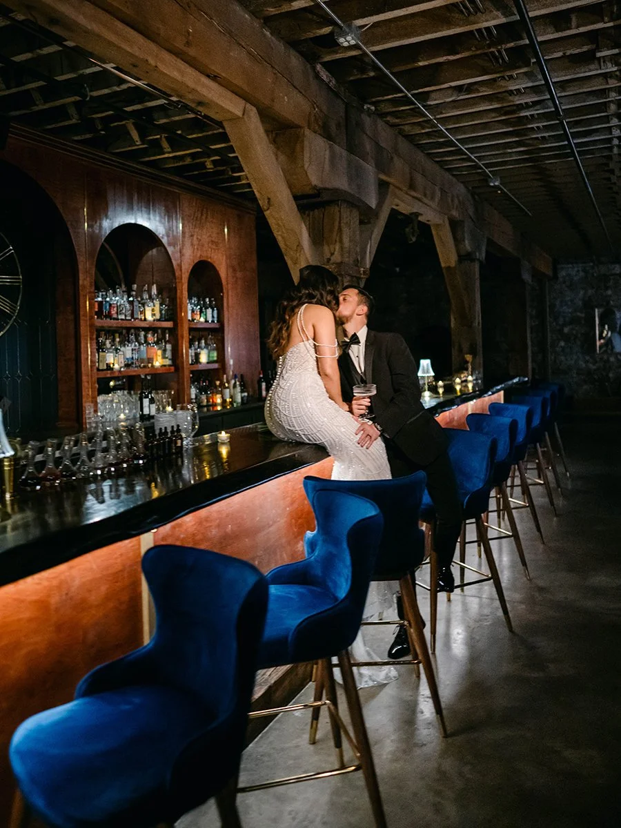 Bride and groom enjoying a reception cocktail at the Gatsby Events in St. Louis.