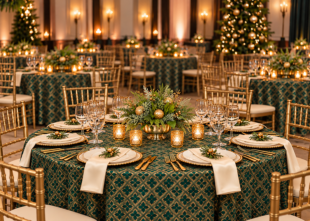Mood board for a classic holiday party theme in red and gold with flowers deigned by Belli Fiori in St. Louis.