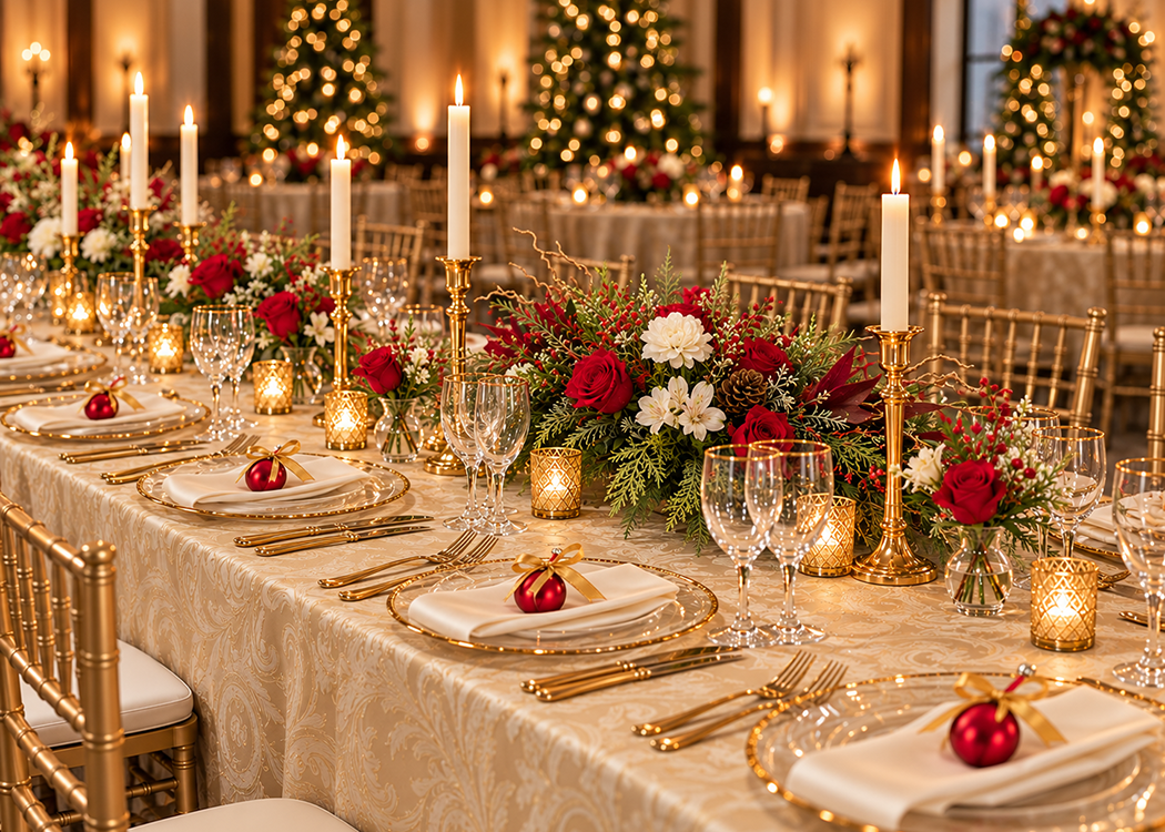 Mood board for a classic holiday party theme in red and gold with flowers deigned by Belli Fiori in St. Louis.