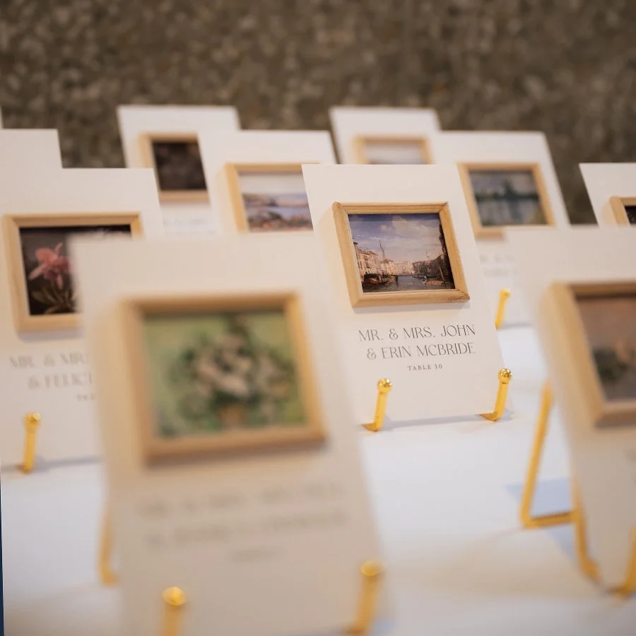 Place cards at a wedding at the St. Louis Art Museum.