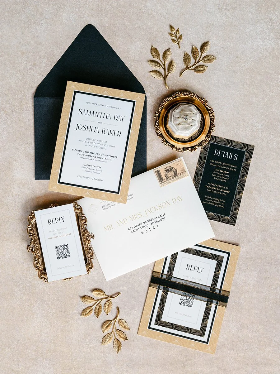 Art Deco inspired wedding stationery for a wedding at the Gatsby Event Venue in St. Louis.