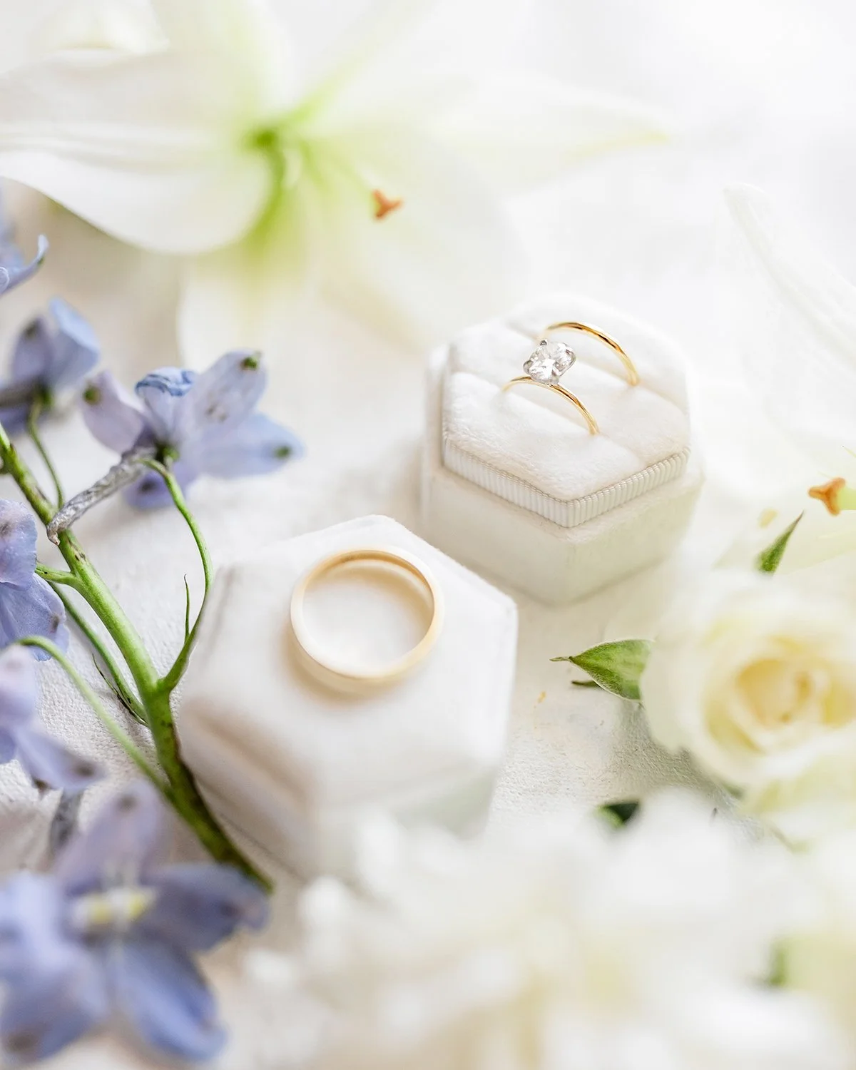 Wedding flowers and rings flat lay designed by Belli Fiori at the St. Louis Art Museum.