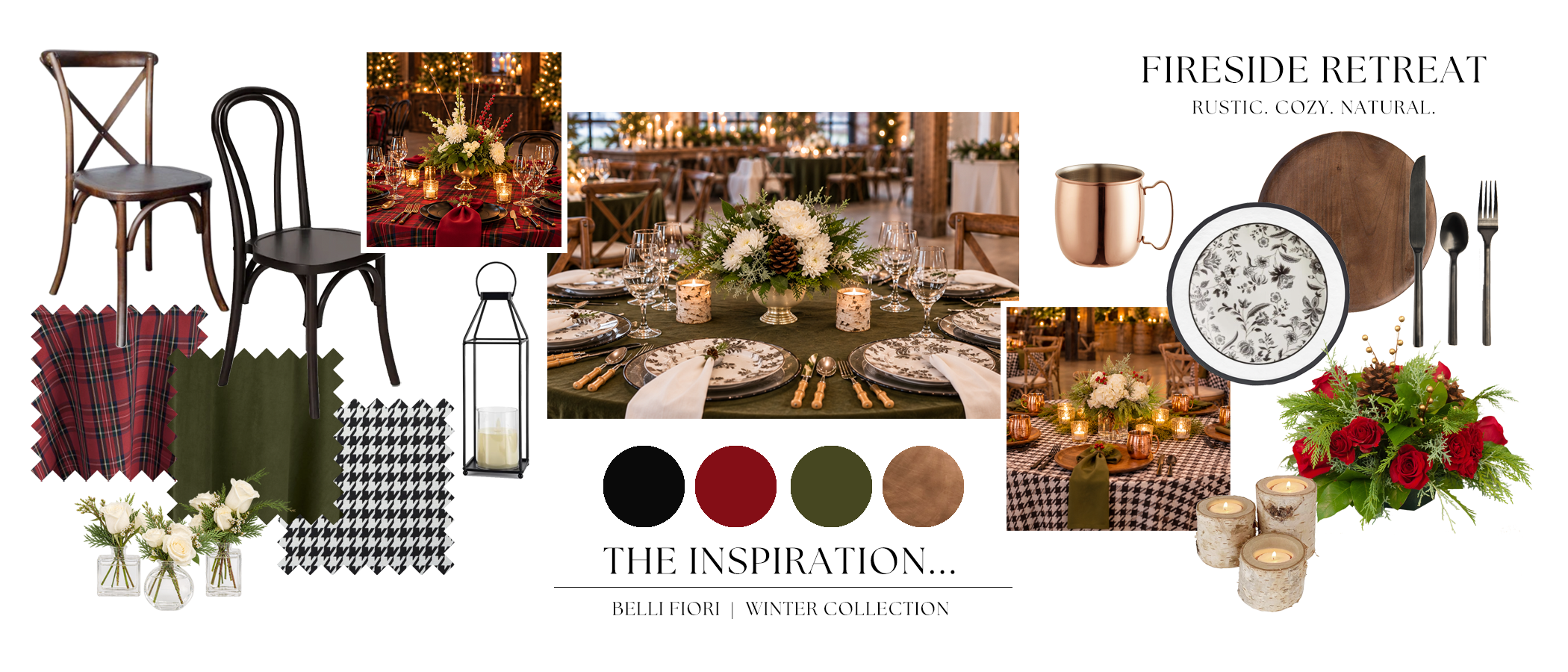 Mood board for a fireside retreat holiday party theme with flowers deigned by Belli Fiori in St. Louis.