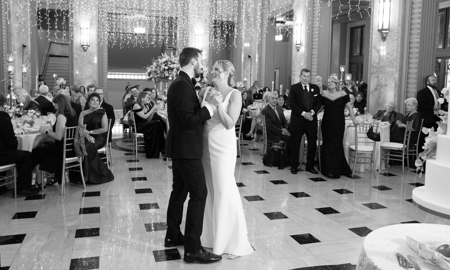 Bride and groom dancing their first dance at the Stifel Theater in St. Louis.