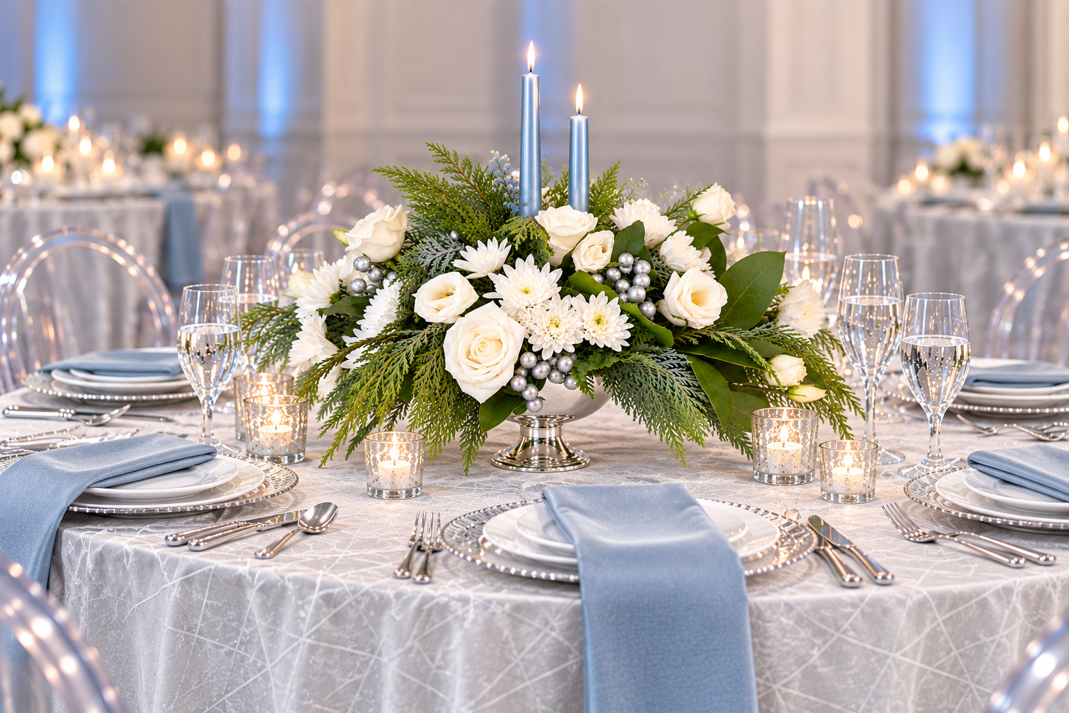 Mood board for a winter wonderland holiday party theme with flowers deigned by Belli Fiori in St. Louis.