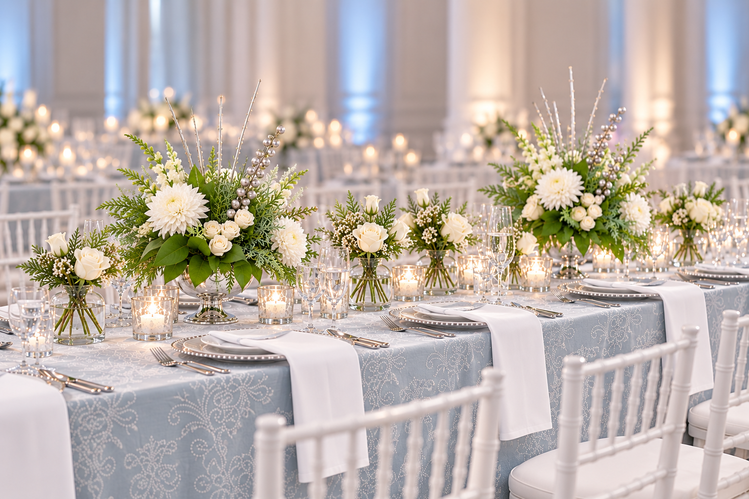 Mood board for a winter wonderland holiday party theme with flowers deigned by Belli Fiori in St. Louis.